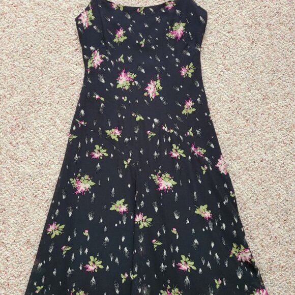 Banana Republic 100% Silk Midi Dress Y2k Deadstock Women's Size 8 Black Floral - Picture 2 of 5
